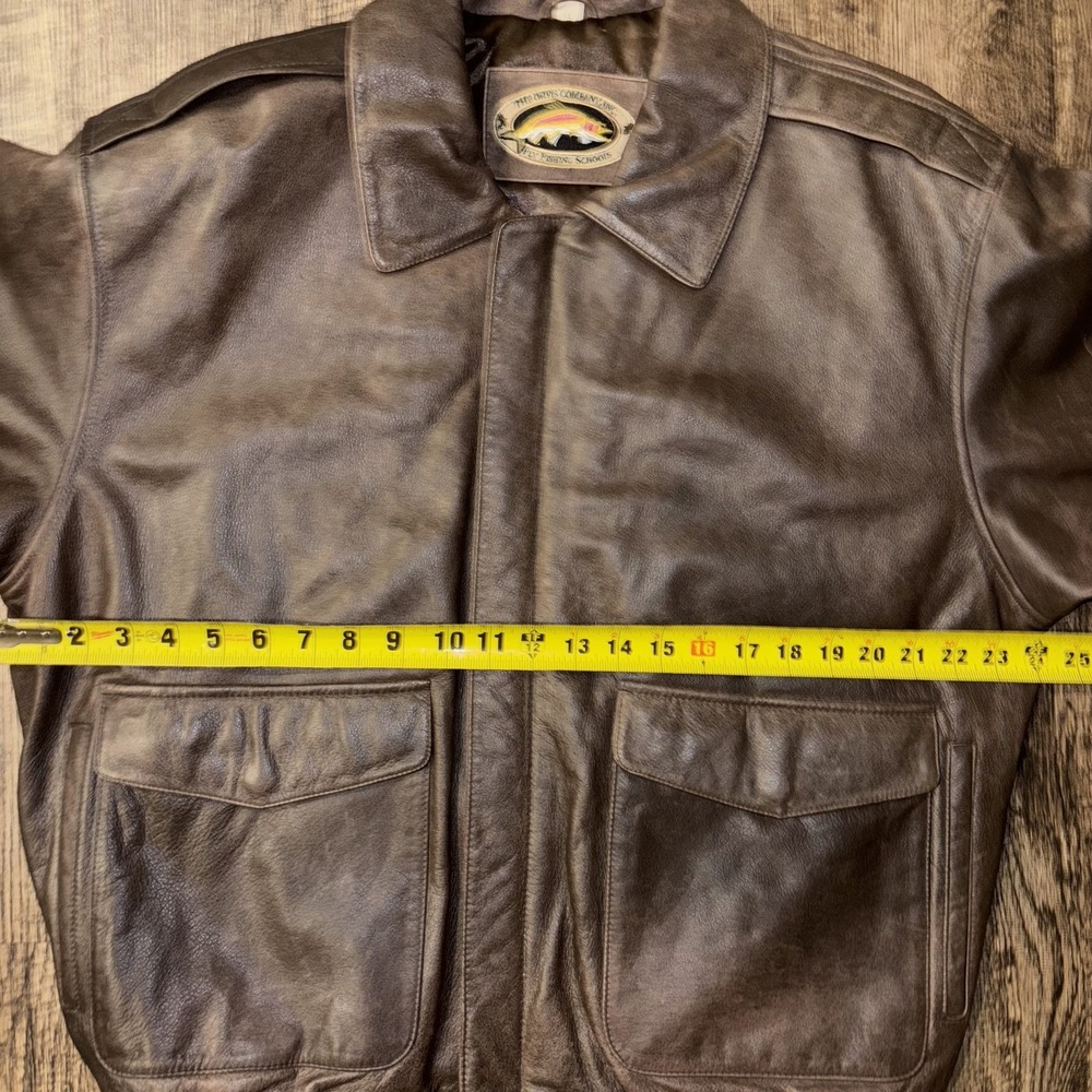 Vintage Orvis Fly Fishing Schools Leather Jacket Mens Large Brown Lined Full Zip - Picture 6 of 15